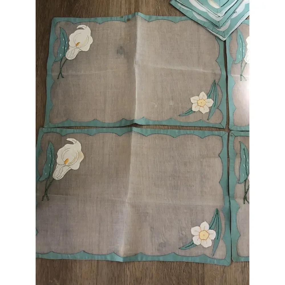 Vtg 1950s Art Deco Madiera Sheer Organdy Calla Lily Placemats & Napkins 8pc